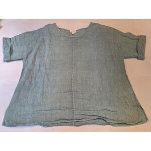 Pure Jill 100% Linen Top Womens Small Teal Short Sleeve Lightweight Lagenlook